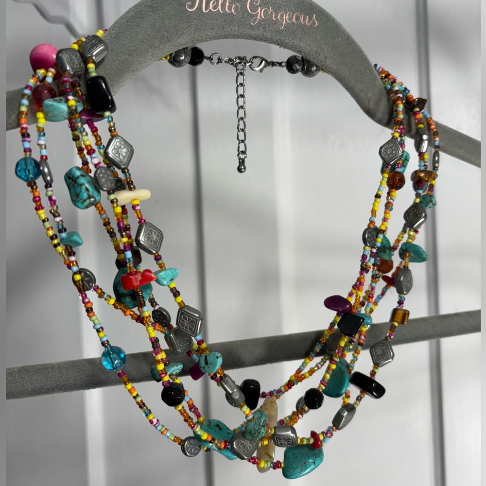 Multi-Strand Multi-Color Seed Bead And Gemstone Necklace